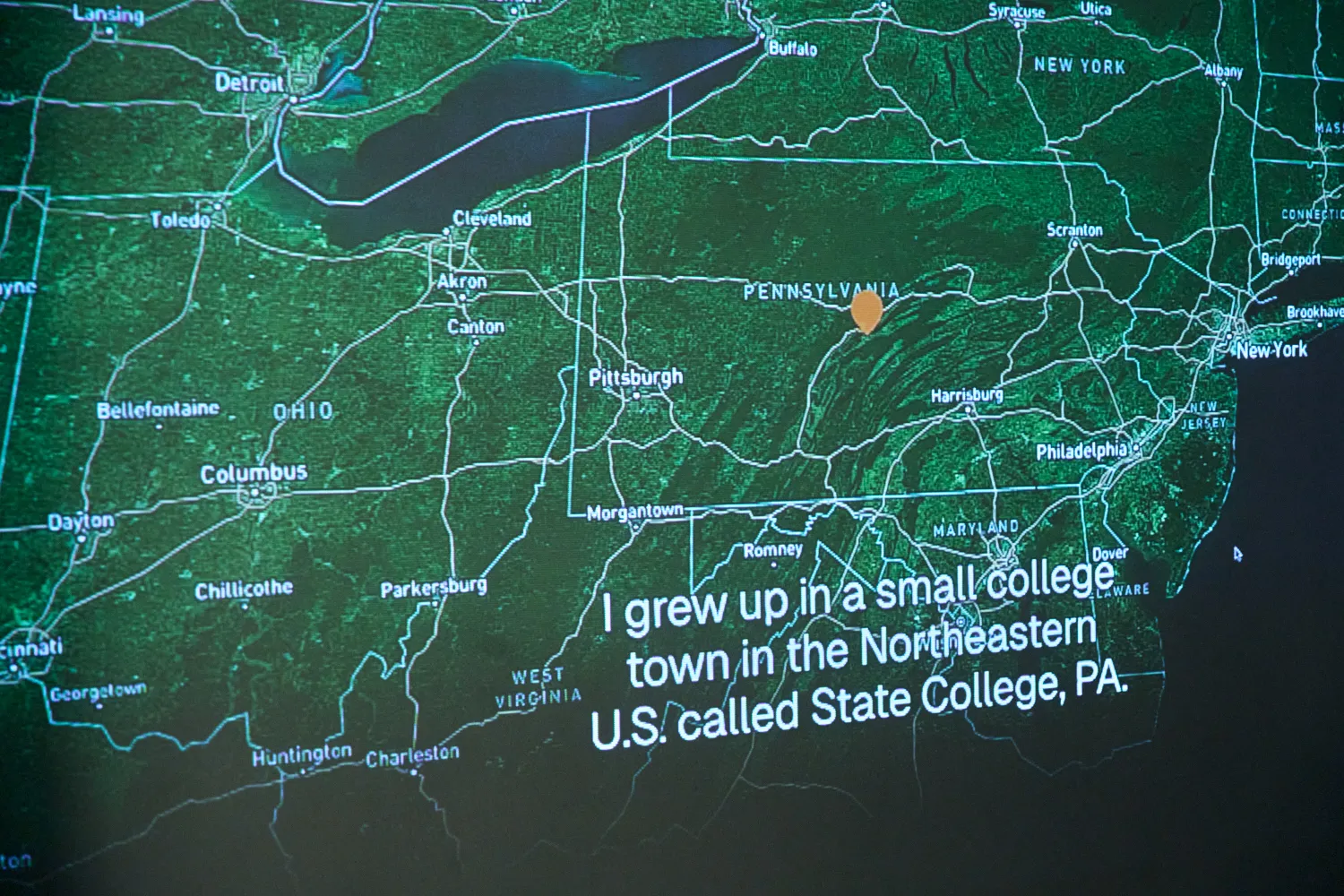 Close-up of map with caption: I grew up in a small college town in the Northeastern U.S.