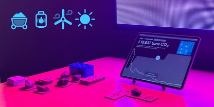 iPad and game pieces bathed in pink light with energy source icons