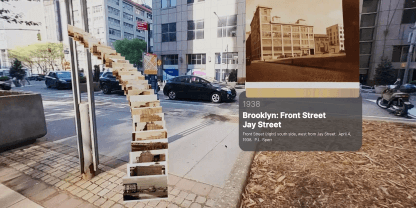 Panorama of Downtown Brooklyn with a 3D photo gallery & an archival photo of the same street overlaid on top