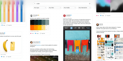 Screenshot of a masonry grid of Twitter posts all showing colorful photos, with a search field that says color