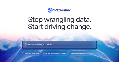 AI agents interface with sustainability data charts and the Watershed logo on a blue gradient background