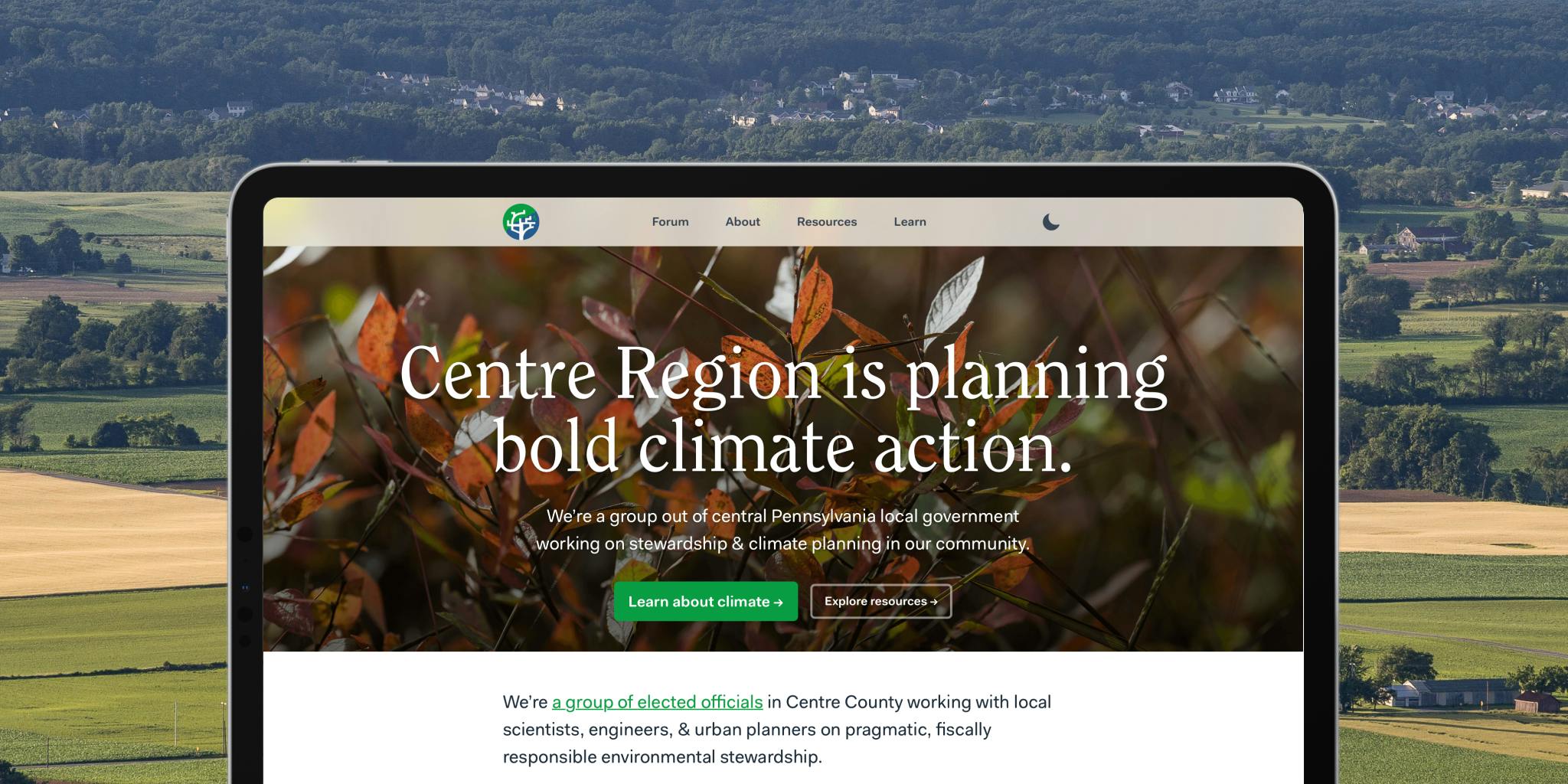 Screenshot of Centre Sustains site on iPad above local farm photo