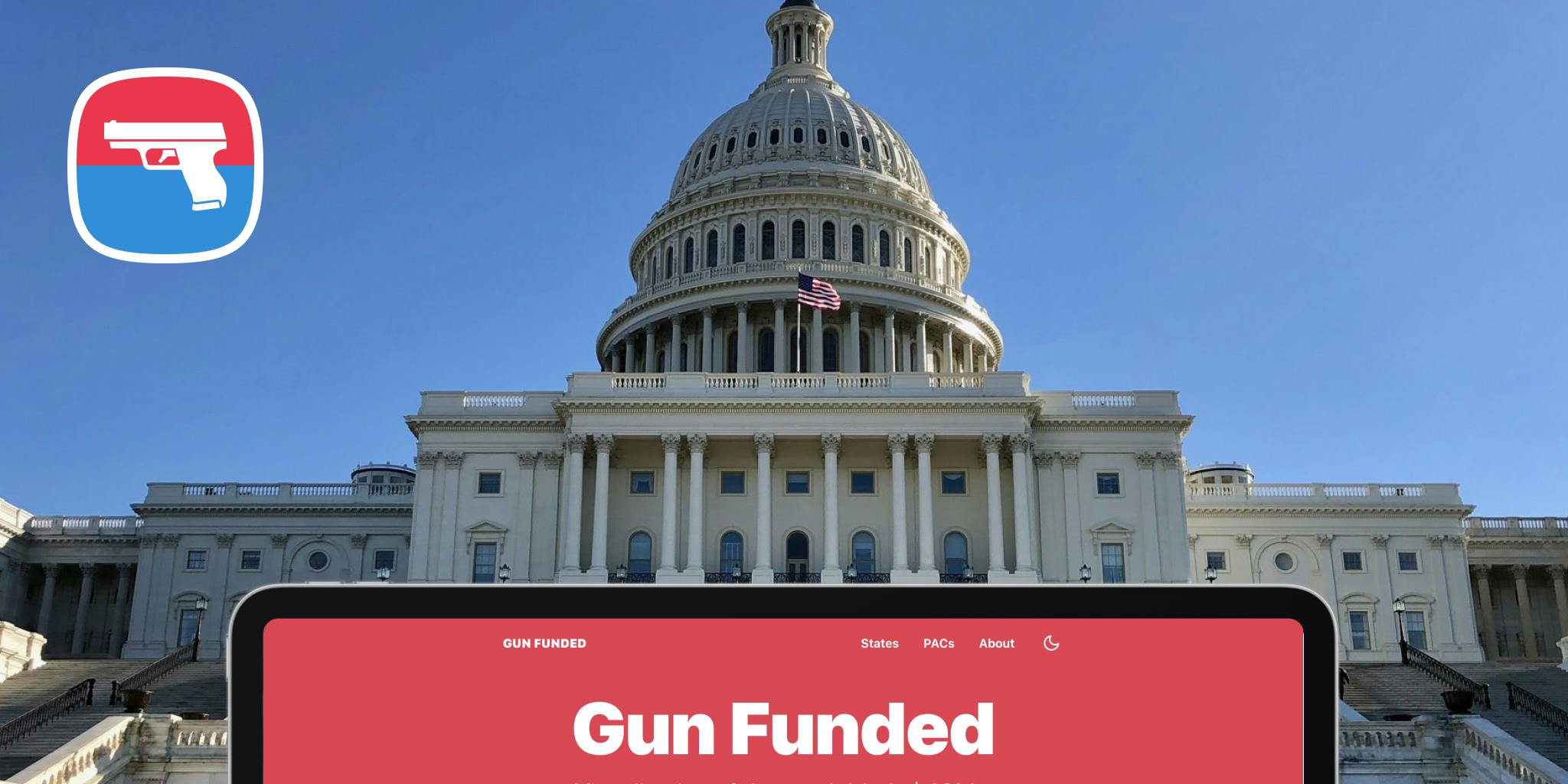 US Capitol building with Gun Funded site overlaid