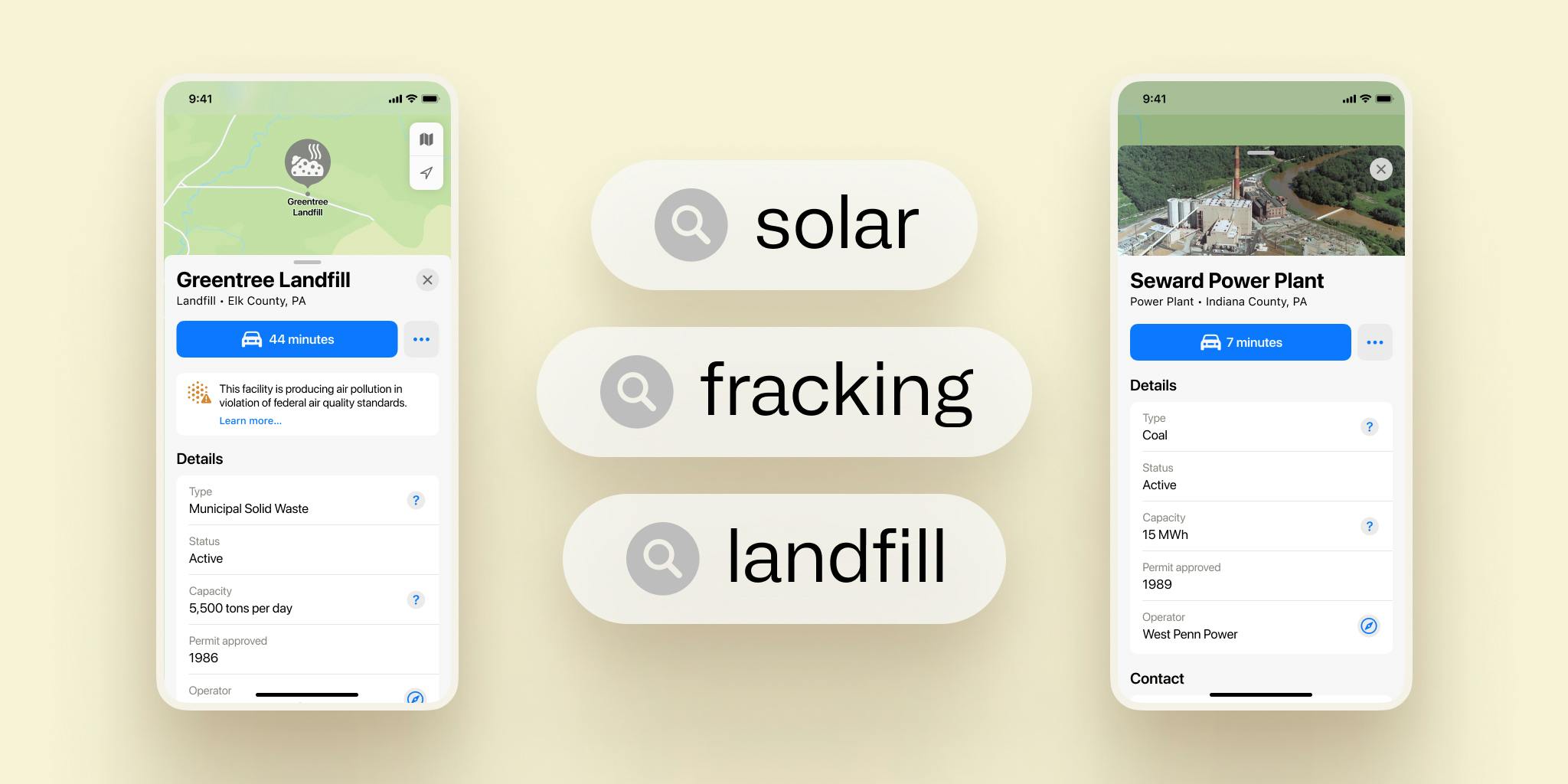Mockup of fracking/solar/landfill search terms with Apple Maps